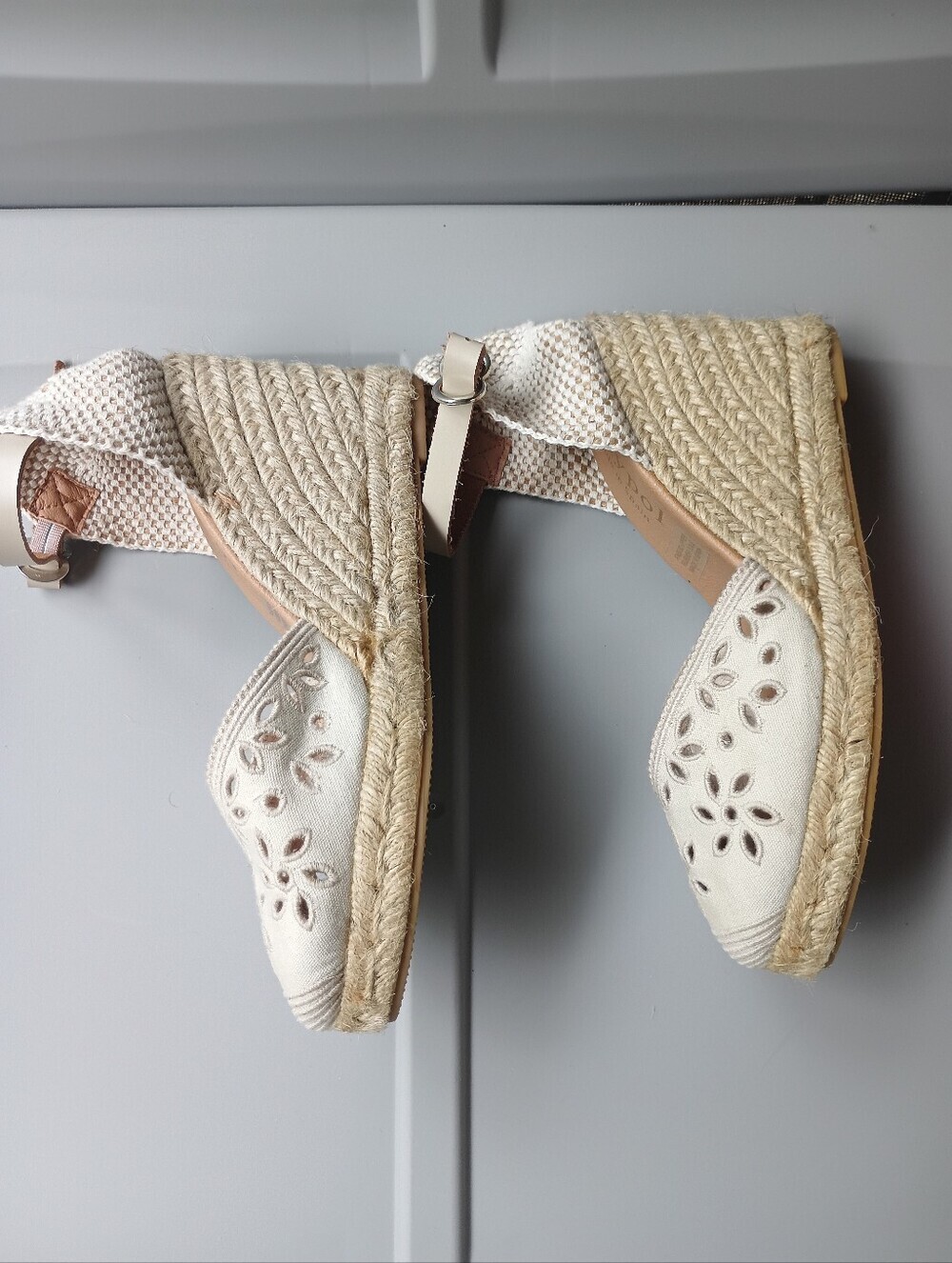 Cream-colored Maypol Beige Eyelet Canvas Espadrille Wedge Sandals Made in Spain - Picture 15 of 16